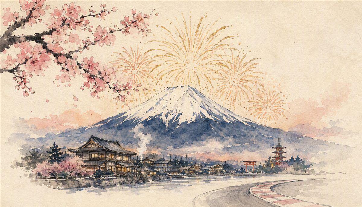 富士山・花火・樱花与温泉街的手绘水彩封面